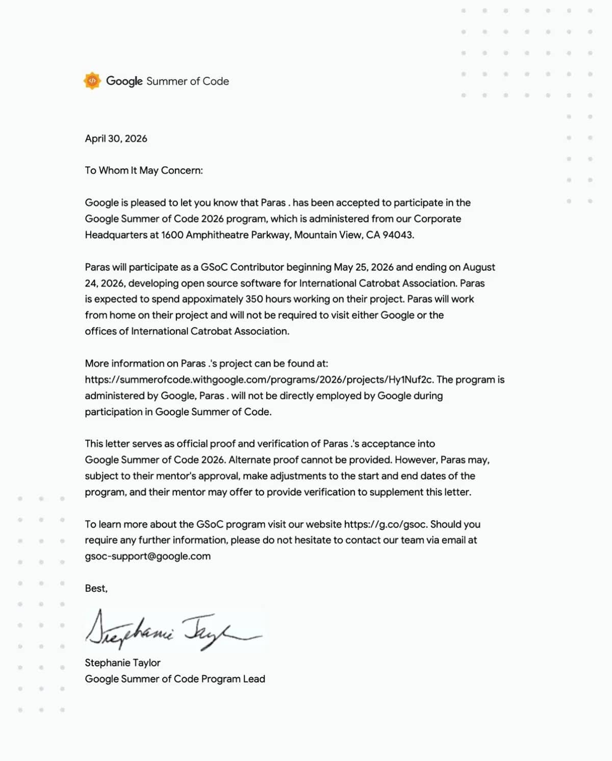 Selected for Google Summer of Code 2026 with the International Catrobat Association
