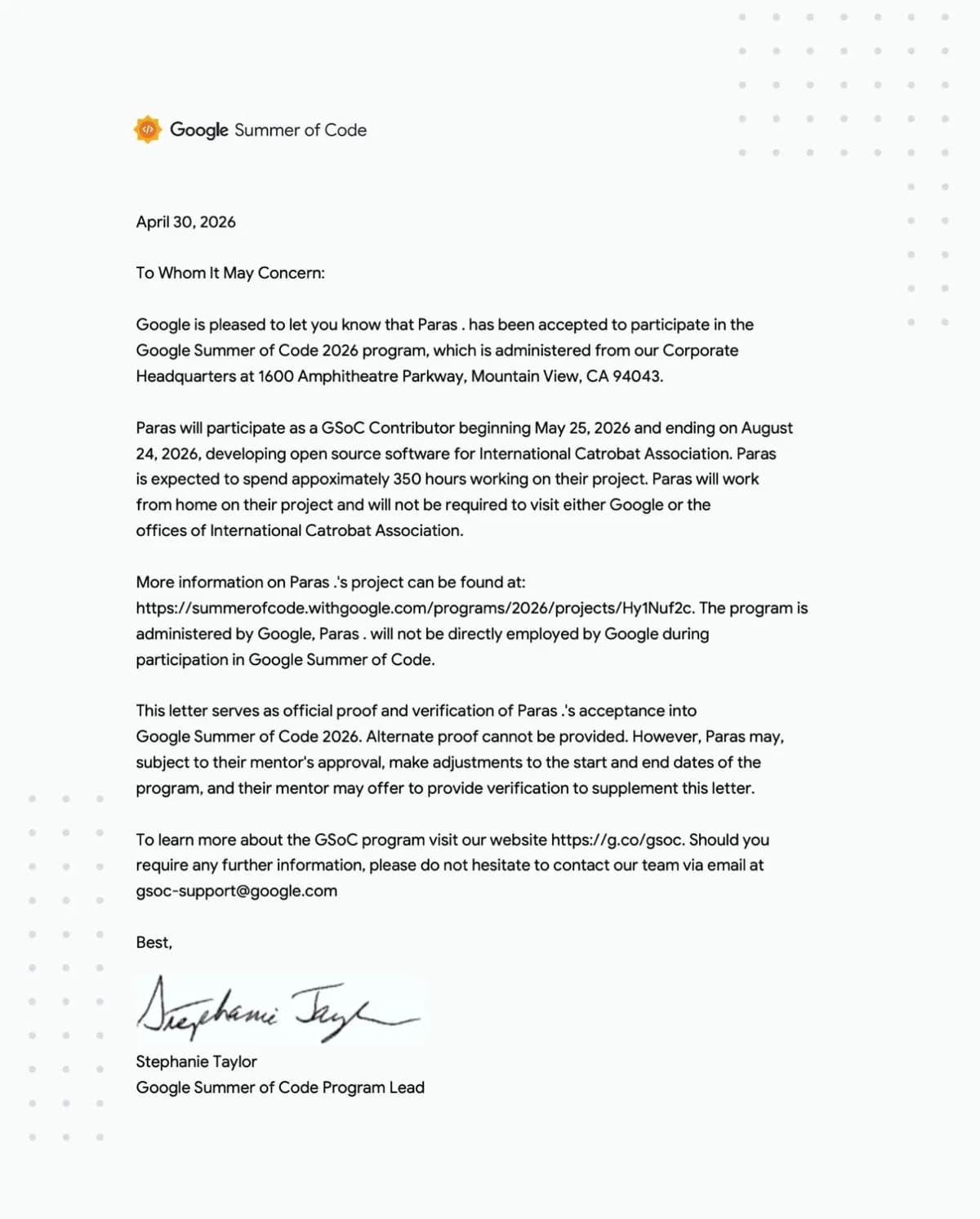 Selected for Google Summer of Code 2026 with the International Catrobat Association