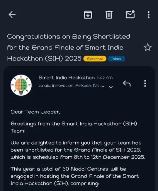Shortlisted for the Smart India Hackathon 2025 Grand Finale